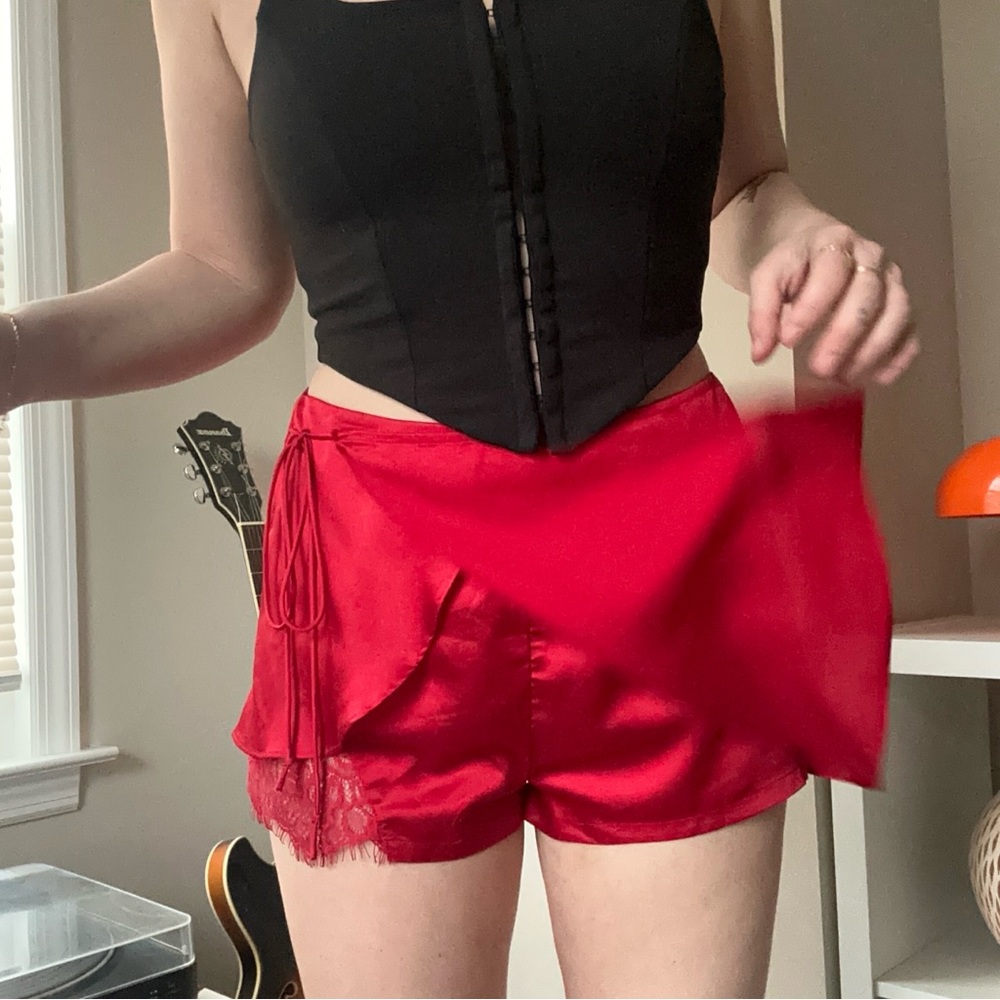 Red Satin Lace Trim Mini Skirt - Picture 2 of 2